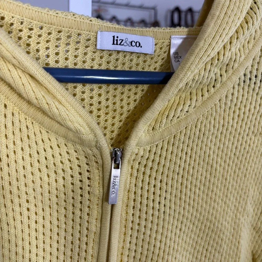 Liz & Co Open Knit Hooded Sweater Butter Yellow Full-zip Size Large Lightweight - Picture 5 of 5